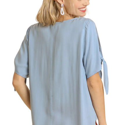 Womens Casual Blouse Elegant Tie Sleeve Top Minimalist Chic Office Professional Dusty Blue Loose Fit