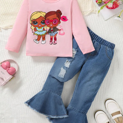 Children's Round Neck Graphic Top and Pants Set