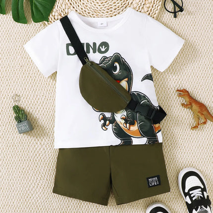Children's Dinosaur Round Neck Top and Pants Set with Crossbody Bag