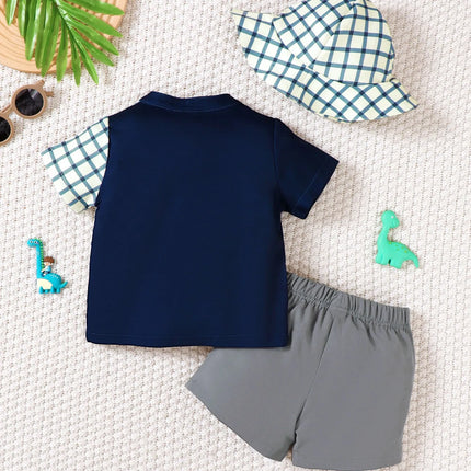 Children's Hat Dinosaur Plaid Button Up Top and Shorts 3-Piece Set
