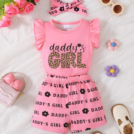 Children's Headband Letter Ruffle Sleeve Top and Shorts 3-Piece Set