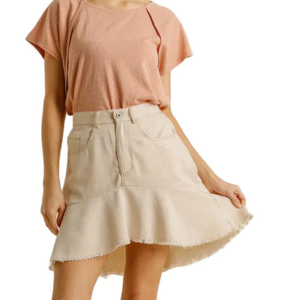 Linen Blend 5 Pockets High Low Skirt with Frayed Hem