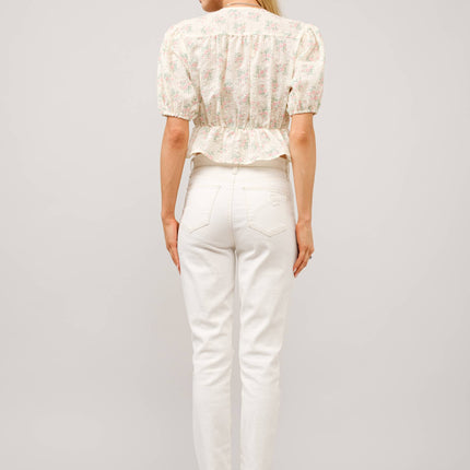 Petticoat Puff Sleeve Tie Front Peplum Top