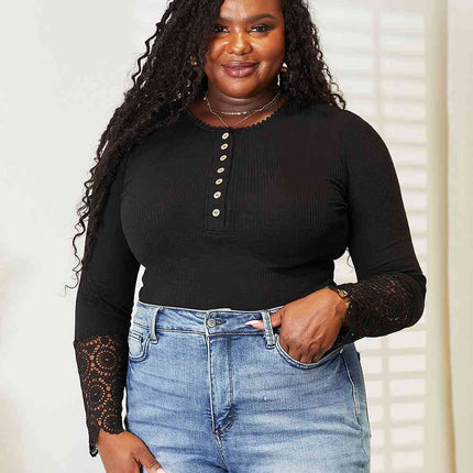 Double Take Crochet Lace Hem Sleeve Button Women Top