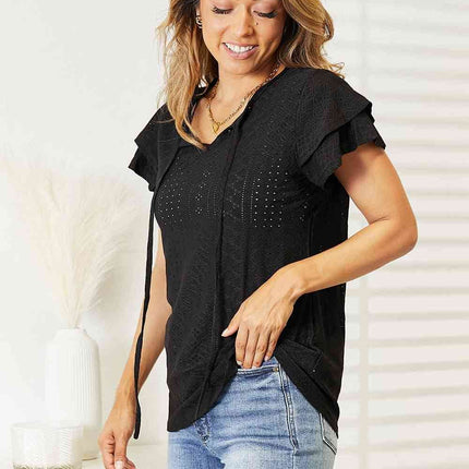 Double Take Eyelet Tie-Neck Flutter Sleeve Women Blouse