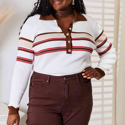 Basic Bae Striped Collared Neck Rib-Knit Women Top