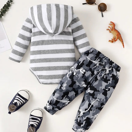 Children's Striped Hooded Bodysuit and Camouflage Pants Set