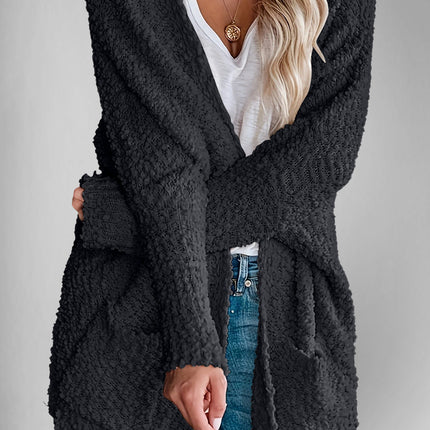 Velvet Bloom Pocketed Open Front Long Sleeve Women Cardigan