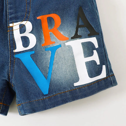 Children's Letter Round Neck Top and Denim Shorts Set