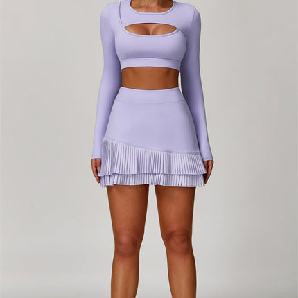 The Lavish Long Sleeve Cut-out Crop Top Tennis Skirt 2-Piece Set