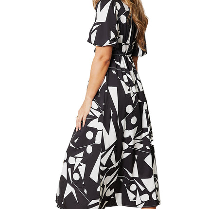 Women's Casual Midi Dress Printed Balloon Sleeve Wrap Dress Rust and White Short-Sleeve Fit