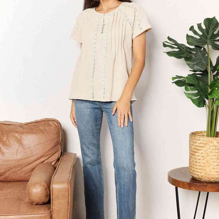 Double Take Crochet Buttoned Short Sleeves Women Top