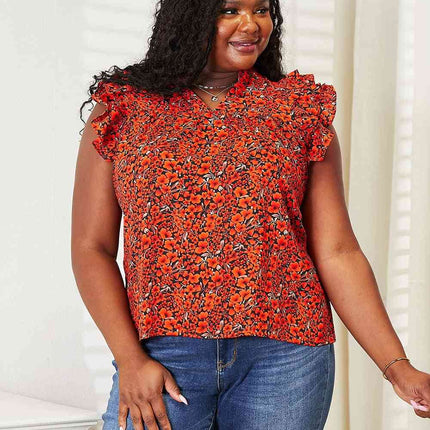 Double Take Floral Flutter Sleeve Notched Neck Women Blouse
