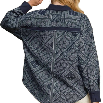 Garden Naked Womens Casual Denim Jacket Boho Bandana Print Oversized Button Down Collared Dark Blue Streetwear Top