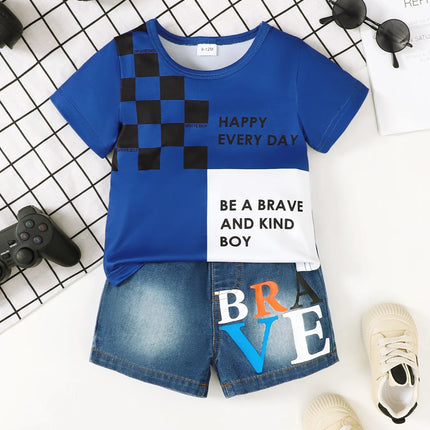 Children's Letter Round Neck Top and Denim Shorts Set