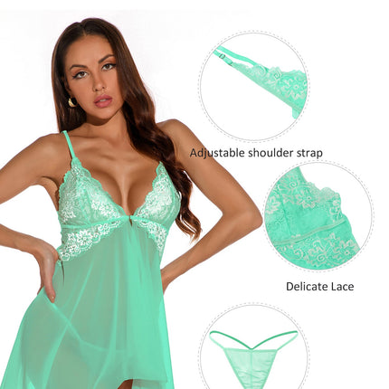 Ladies Sexy  Pea Mesh Babydoll with Flyaway Lace Cup