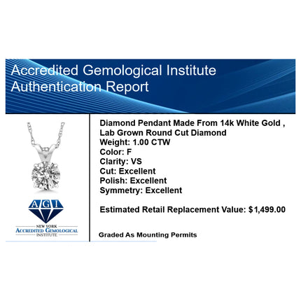 1.00 CTW Lab-Grown Round Diamond Solitaire Pendant in Solid 14K Gold – F Color, VS Clarity, AGI Certified