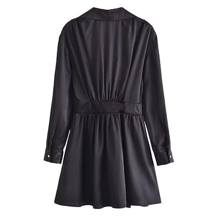 Autumn Women Black Satin Collared Long Sleeve Jewelry Fastener Decoration Shirt Dress