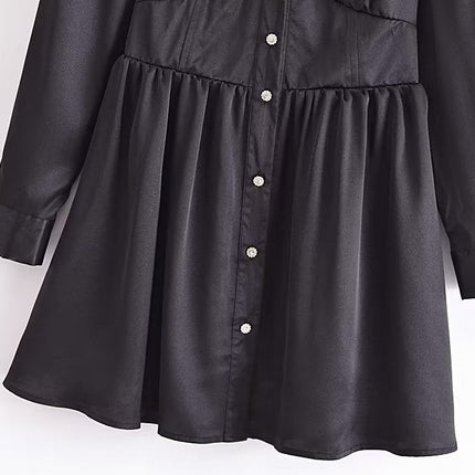 Autumn Women Black Satin Collared Long Sleeve Jewelry Fastener Decoration Shirt Dress