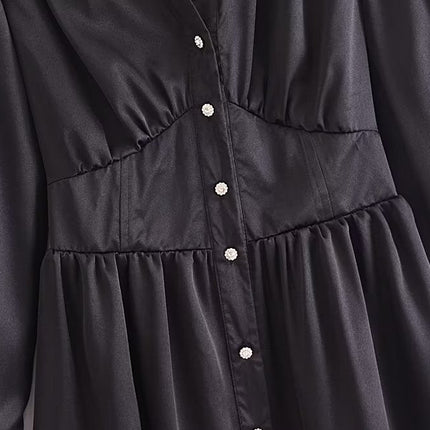 Autumn Women Black Satin Collared Long Sleeve Jewelry Fastener Decoration Shirt Dress