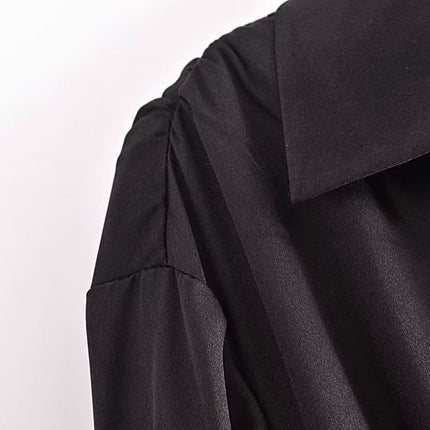 Autumn Women Black Satin Collared Long Sleeve Jewelry Fastener Decoration Shirt Dress