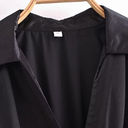 Autumn Women Black Satin Collared Long Sleeve Jewelry Fastener Decoration Shirt Dress