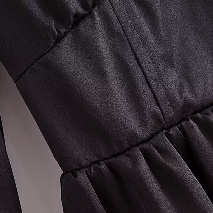 Autumn Women Black Satin Collared Long Sleeve Jewelry Fastener Decoration Shirt Dress