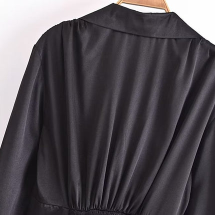 Autumn Women Black Satin Collared Long Sleeve Jewelry Fastener Decoration Shirt Dress
