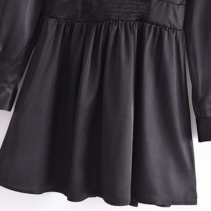 Autumn Women Black Satin Collared Long Sleeve Jewelry Fastener Decoration Shirt Dress