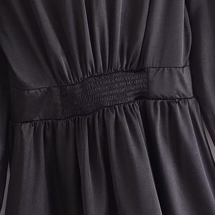 Autumn Women Black Satin Collared Long Sleeve Jewelry Fastener Decoration Shirt Dress