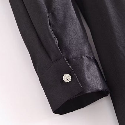 Autumn Women Black Satin Collared Long Sleeve Jewelry Fastener Decoration Shirt Dress
