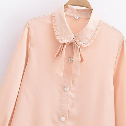 Autumn Casual Women Ruffles Collared Long Sleeve Jewelry Fastener Decoration Solid Color Blouse Top