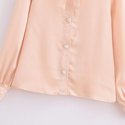 Autumn Casual Women Ruffles Collared Long Sleeve Jewelry Fastener Decoration Solid Color Blouse Top