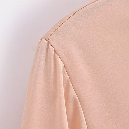 Autumn Casual Women Ruffles Collared Long Sleeve Jewelry Fastener Decoration Solid Color Blouse Top