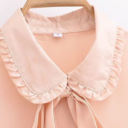 Autumn Casual Women Ruffles Collared Long Sleeve Jewelry Fastener Decoration Solid Color Blouse Top