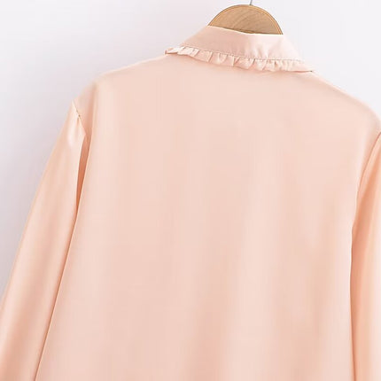 Autumn Casual Women Ruffles Collared Long Sleeve Jewelry Fastener Decoration Solid Color Blouse Top