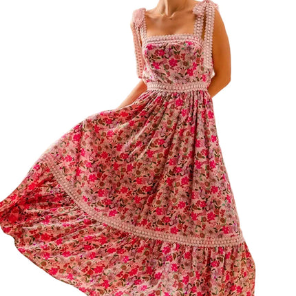 Womens Casual Maxi Dress Floral Print Lace Trim Square Neck Ruffle Hem Sleeveless Summer Pink Sundress