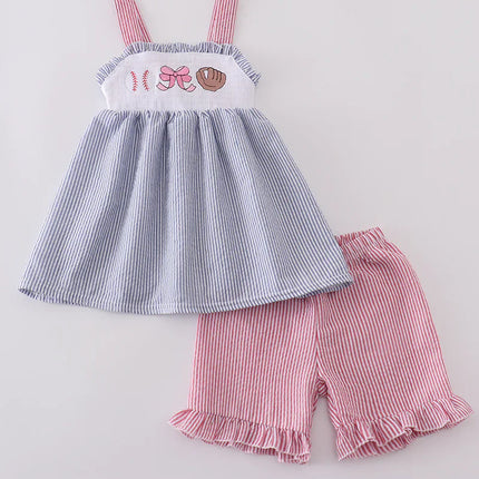 Pink baseball embroidery smocked set