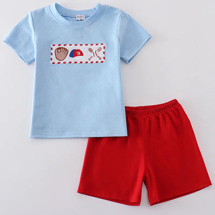 Blue baseball embroidery smocked set