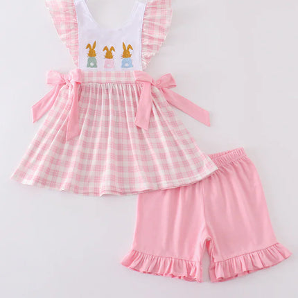 Pink bunny embroidery bow set