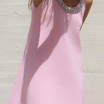 Women Clothing Summer Jewelry Inlay Plain Stitch Mini Dress