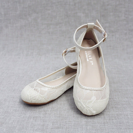 Ivory New Lace Ballet Flats with Ankle Strap