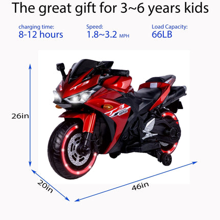 12V Motorcycles For Kids With Training Wheels (Red)