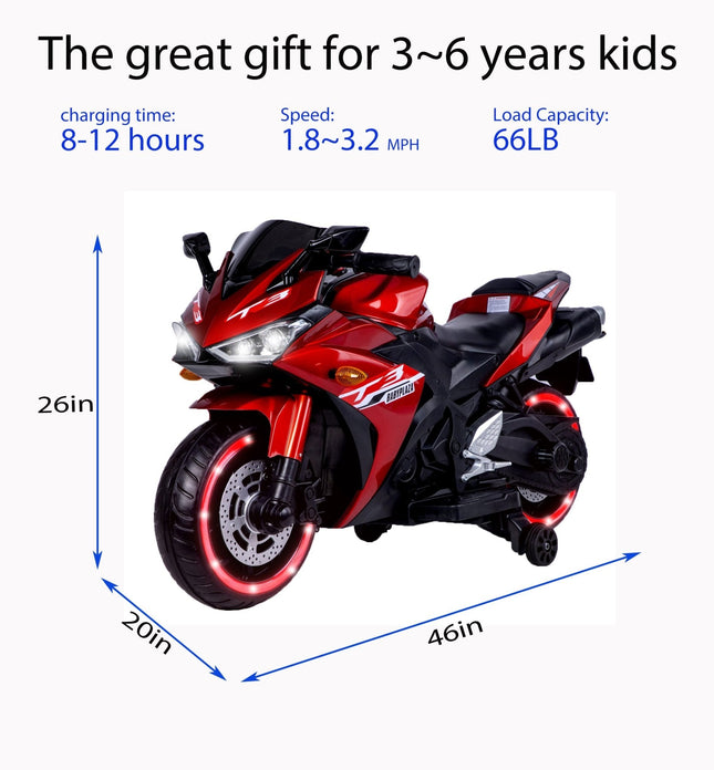 12V Motorcycles For Kids With Training Wheels (Red)