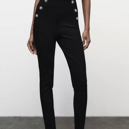 Autumn Women Clothing Jewelry Decorated Row Button Mid Waist Bottoming Trousers