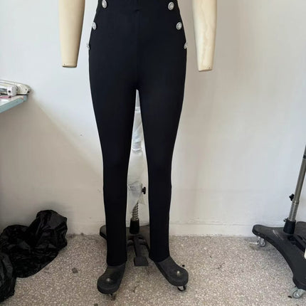 Autumn Women Clothing Jewelry Decorated Row Button Mid Waist Bottoming Trousers