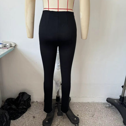 Autumn Women Clothing Jewelry Decorated Row Button Mid Waist Bottoming Trousers