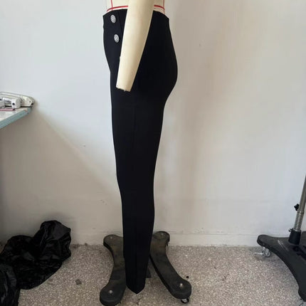 Autumn Women Clothing Jewelry Decorated Row Button Mid Waist Bottoming Trousers