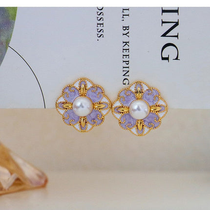 French Blue Color Oil Glaze Floral Stud Earrings Light Luxury High Grade Retro Minority Mid Ancient Pearl Earrings for Women