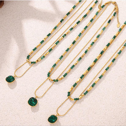 Natural Stone Beaded Crystal Stone Embellished Double Layer Necklace Stainless Steel All Match Clavicle Chain Necklace